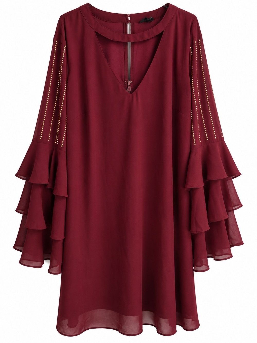 V-Neck Burgundy Midi Dress with Tiered Ruffle Sleeves